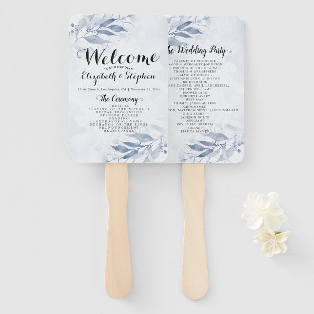 Éventail Programme de mariage botanique des Feuilles d'aqua (Devant et derrière)