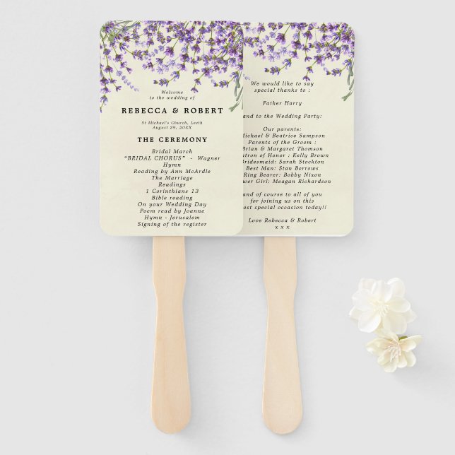 Éventail programme de mariage botanique lavande fans (Devant et derrière)