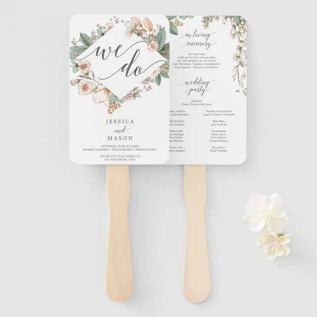 Éventail Programme de mariage botanique Mémoire d'amour du  (Devant et derrière)
