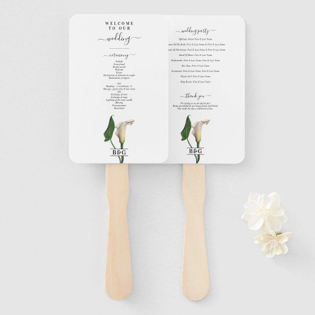 Éventail Programme de mariage botanique vert avec calla lil (Devant et derrière)