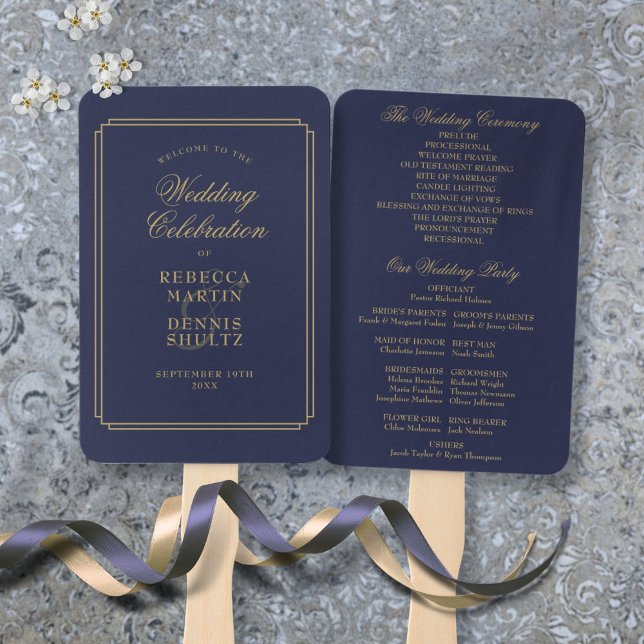 Éventail Programme de mariage chic Art Déco bleu marine et  (Navy Blue And Gold Chic Art Deco Wedding Program Hand Fan)