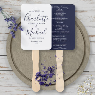 Éventail Programme de mariage chic bleu marine écriture sig