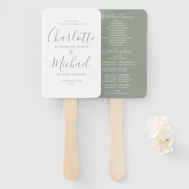 Éventail Programme de mariage chic vert sauge écriture sign (Devant et derrière)