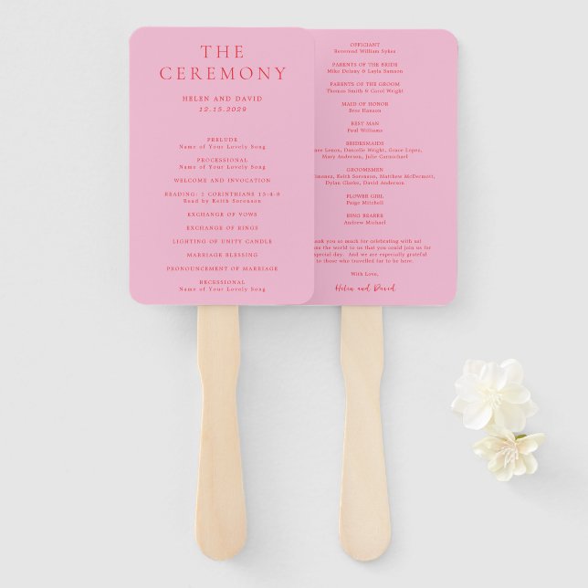 Éventail Programme de mariage classique rose et rouge éléga (Devant et derrière)