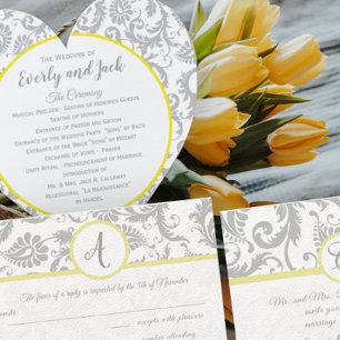 Éventail Programme de Mariage damassé jaune et gris du cana