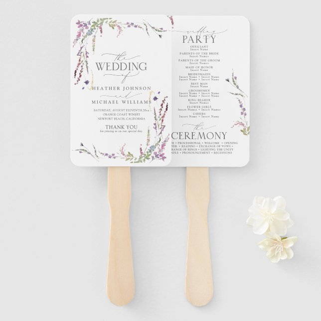 Éventail Programme de mariage de calligraphie Fleur sauvage (Devant et derrière)