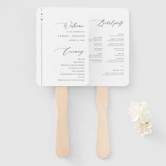 Éventail Programme de mariage de calligraphie simple (Devant et derrière)