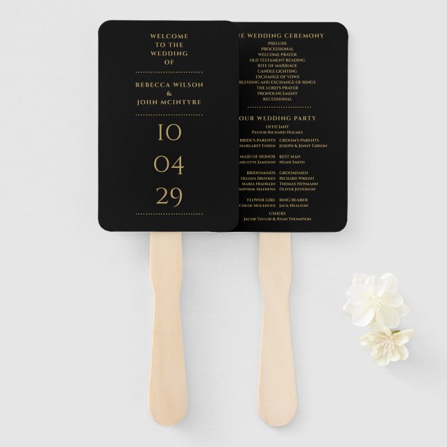 Éventail Programme de mariage de date spéciale noir et or (Devant et derrière)