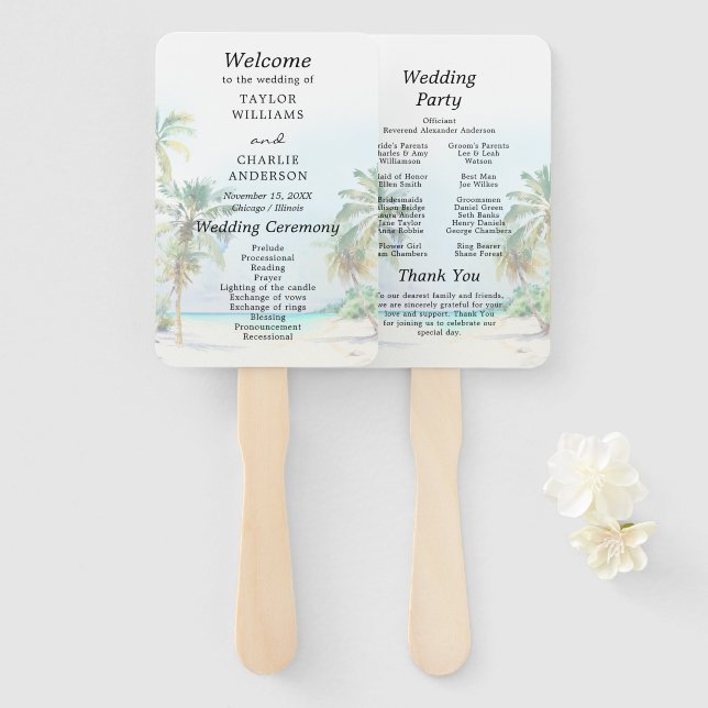 Éventail Programme de mariage de destination de plage tropi (Devant et derrière)