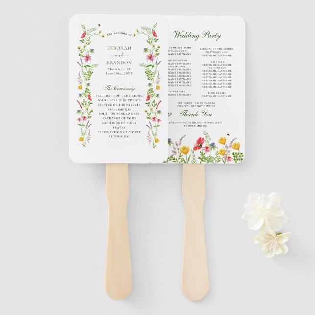 Éventail Programme de mariage de jardin fleur sauvage (Devant et derrière)