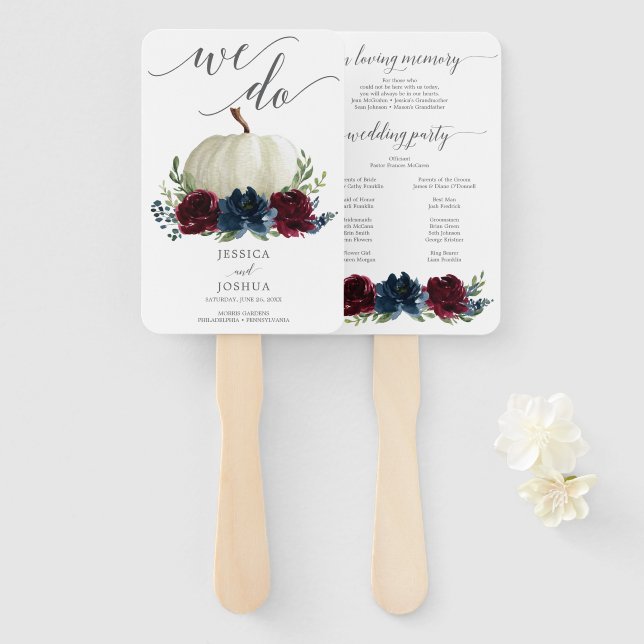 Éventail Programme de mariage de la marine de Bourgogne Fan (Devant et derrière)