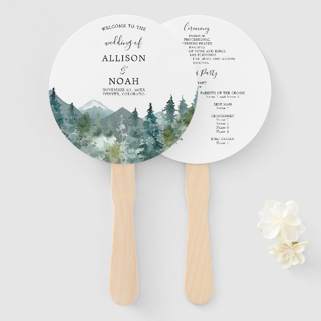 Éventail Programme de mariage de l'aquarelle de la forêt de (Devant et derrière)