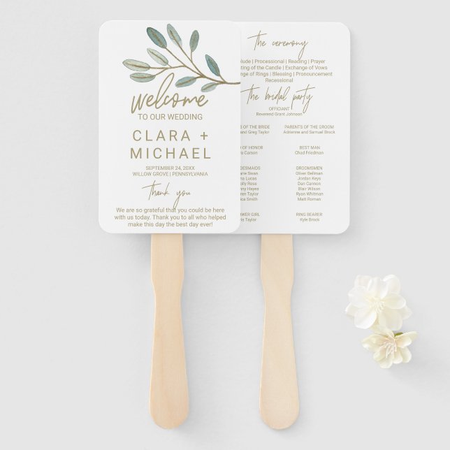 Éventail Programme de mariage de l'eucalyptus veiné or (Devant et derrière)