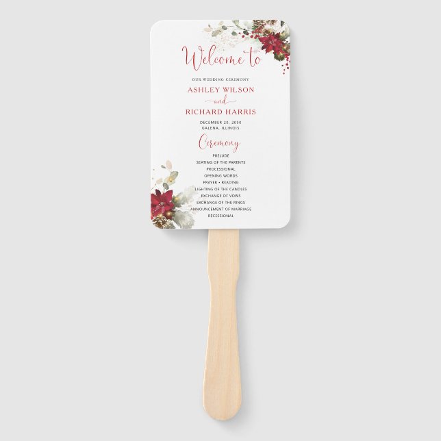 Éventail Programme de mariage de Noël à fleurs rouges (Devant)