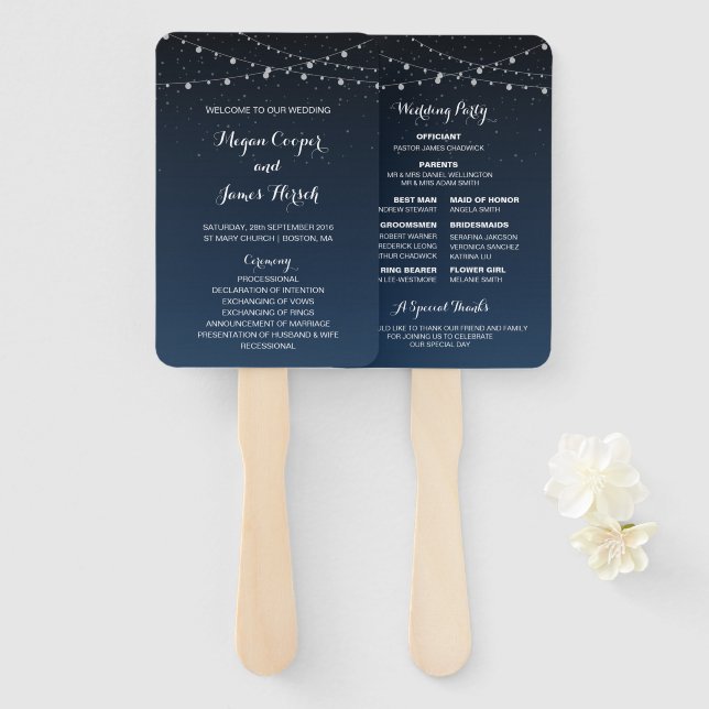 Éventail Programme de mariage de nuit bleu étoile de la Mar (Devant et derrière)