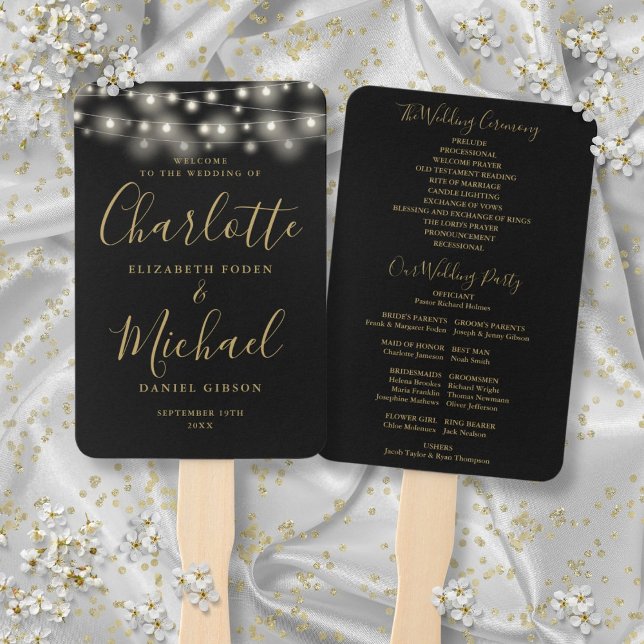 Éventail Programme de mariage de script Black Gold String (Black Gold String Lights Script Wedding Program Hand Fan)