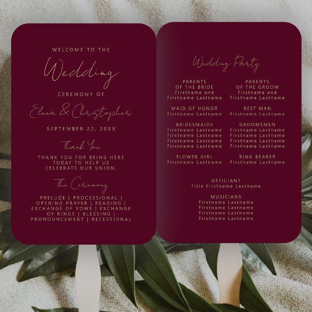 Éventail Programme de mariage d'écriture d'or de Bourgogne  (Créateur téléchargé)