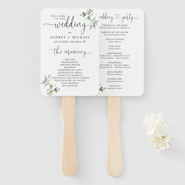 Éventail Programme de mariage des coeurs du feuillage végét (Devant et derrière)