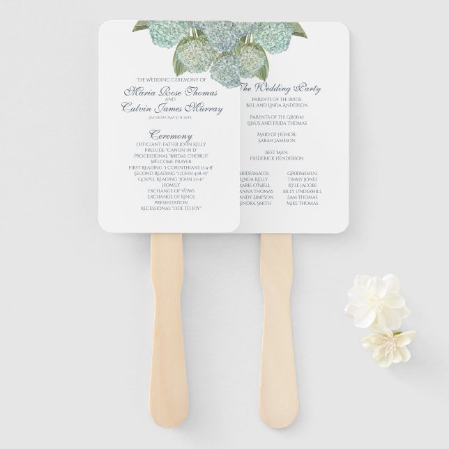 Éventail Programme de mariage des fans de Blue Hydrangea (Devant et derrière)