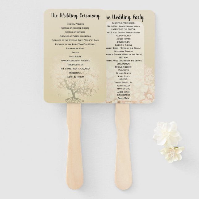 Éventail Programme de mariage des feuilles de coeur roses (Devant et derrière)