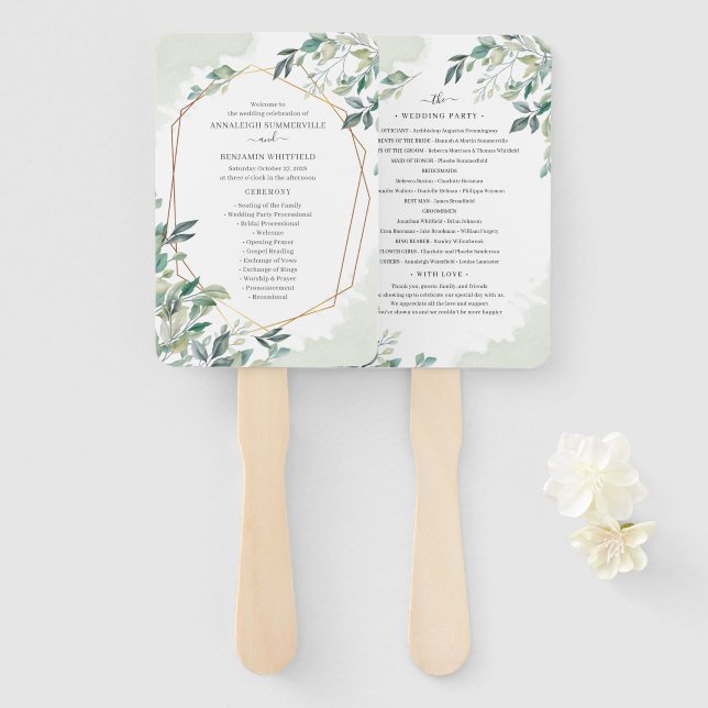 Éventail Programme de mariage des Feuilles de l'Eucalyptus  (Devant et derrière)