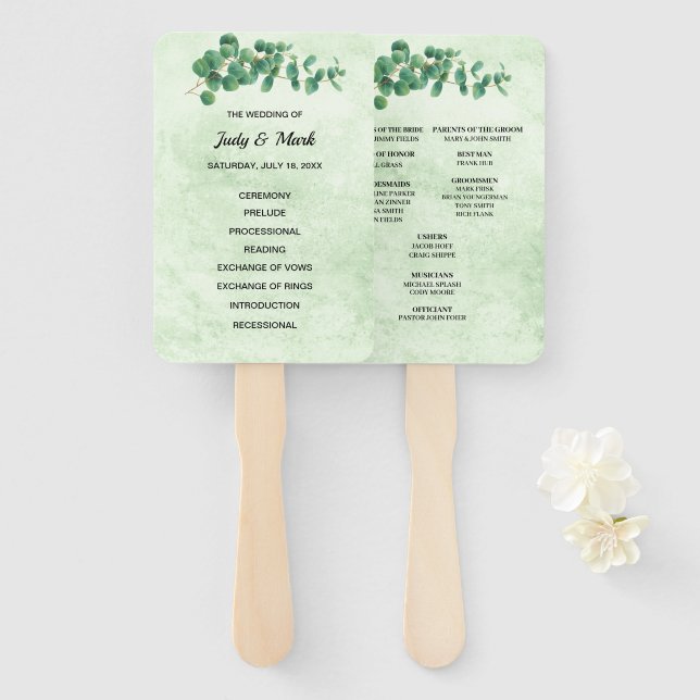 Éventail Programme de mariage des Feuilles de l'Eucalyptus  (Devant et derrière)