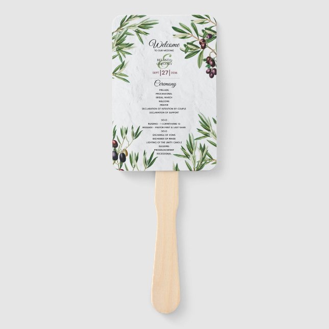 Éventail Programme de mariage des Feuilles grecs de l'olive (Devant)