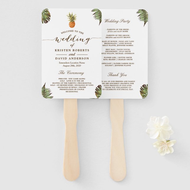 Éventail Programme de mariage des Feuilles tropicaux Pineap (Devant et derrière)