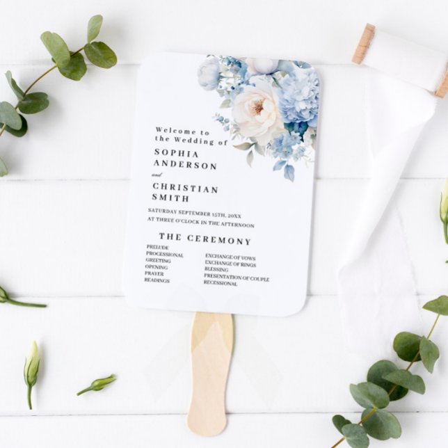 Éventail Programme de mariage des fleurs bleues et blanches (Créateur téléchargé)