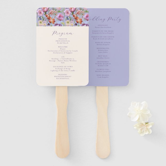 Éventail Programme de mariage des fleurs de broderie violet (Devant et derrière)