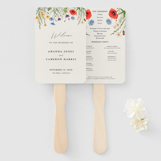 Éventail Programme de mariage des prairies de fleurs sauvag (Devant et derrière)
