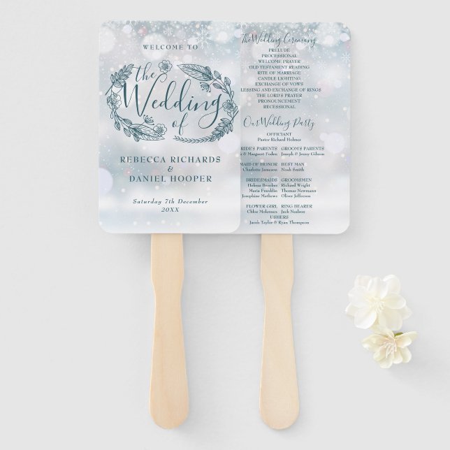 Éventail Programme de mariage d'hiver des flocons de neige  (Devant et derrière)