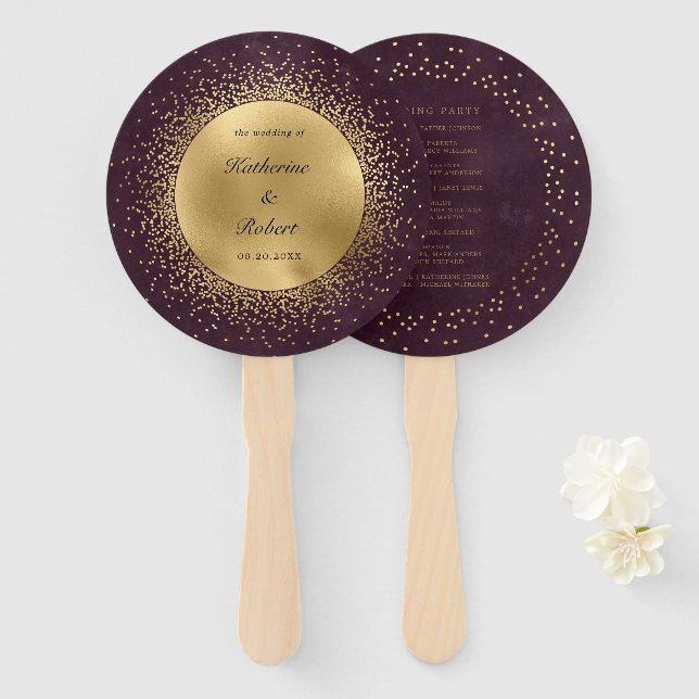 Éventail Programme de mariage d'or de Bourgogne céleste (Devant et derrière)