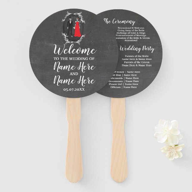 Éventail Programme de mariage du crâne Skeletons Chalk Red (Devant et derrière)