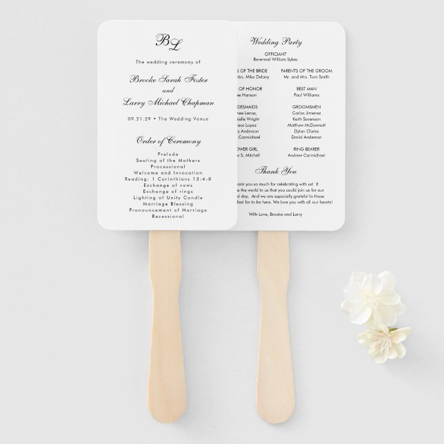 Éventail Programme de mariage élégant au monogramme classiq (Devant et derrière)
