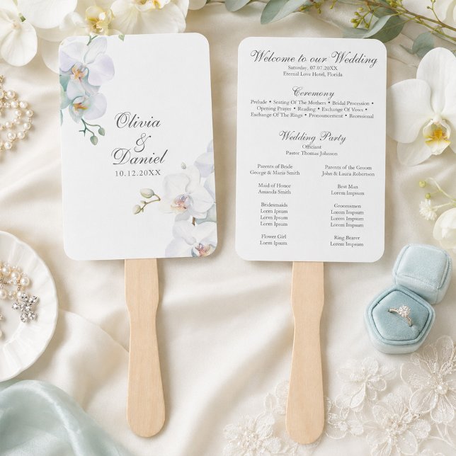 Éventail Programme de mariage élégant aux orchidées blanche (Modern Eleganta White Orchids Wedding Program Hand Fan)