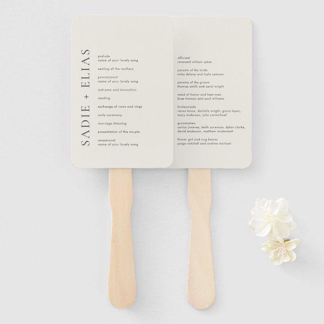 Éventail Programme de mariage élégant beige typographie mod (Devant et derrière)