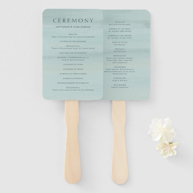 Éventail Programme de mariage élégant de l'aquarelle verte  (Devant et derrière)