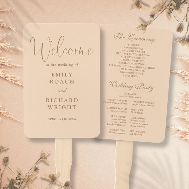 Éventail Programme de mariage élégant écriture manuscrite p (Soft Peach Elegant Script Wedding Program Hand Fan)