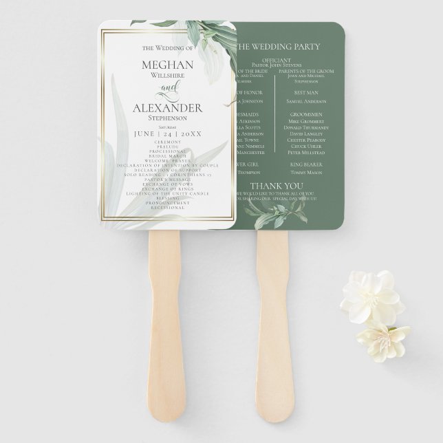 Éventail Programme de mariage | Élégant feuillage tropical (Devant et derrière)