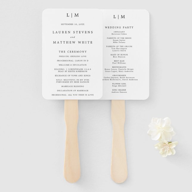 Éventail Programme de mariage élégant noir et blanc simple (Devant et derrière)