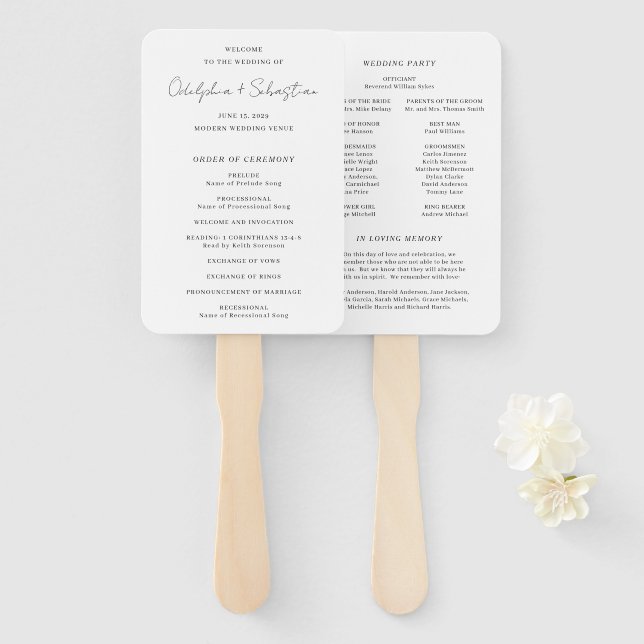 Éventail Programme de mariage élégant Odelphia Modern Scrip (Devant et derrière)