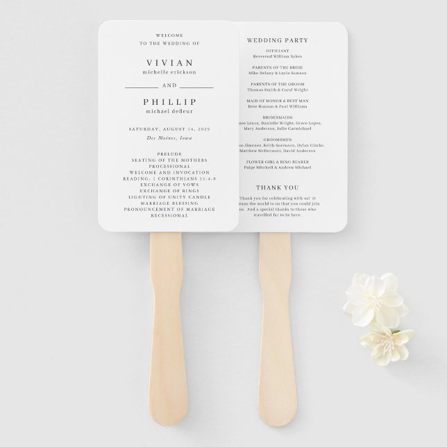 Éventail Programme de mariage élégant simple (Devant et derrière)
