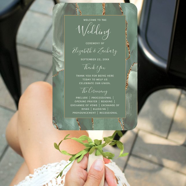 Éventail Programme de mariage en Agate Vert Sauge Or (Créateur téléchargé)