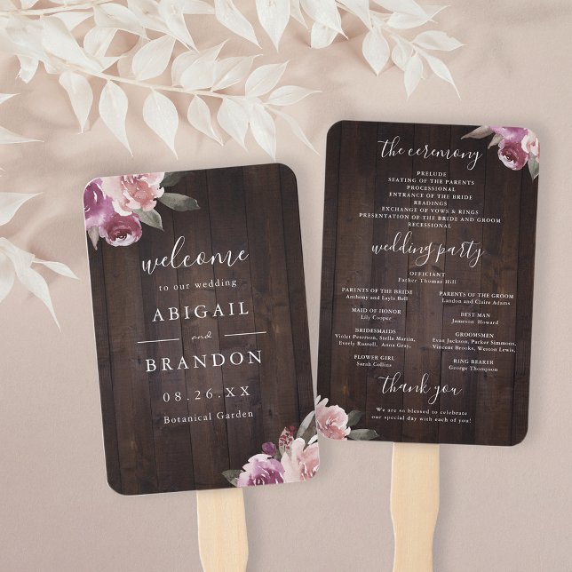 Éventail Programme de mariage en bois rustique mauve (Mauve purple floral rustic wood wedding program hand fan)