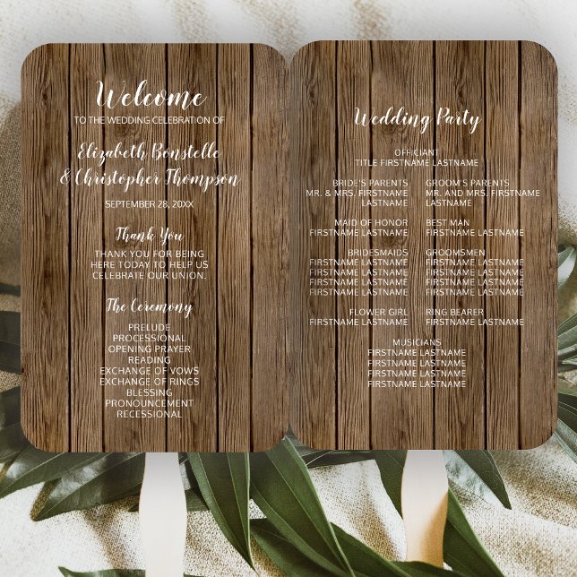 Éventail Programme de mariage en calligraphie rustique en b (Créateur téléchargé)