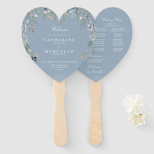 Éventail Programme de mariage en cascade florale bleu pouss (Devant et derrière)