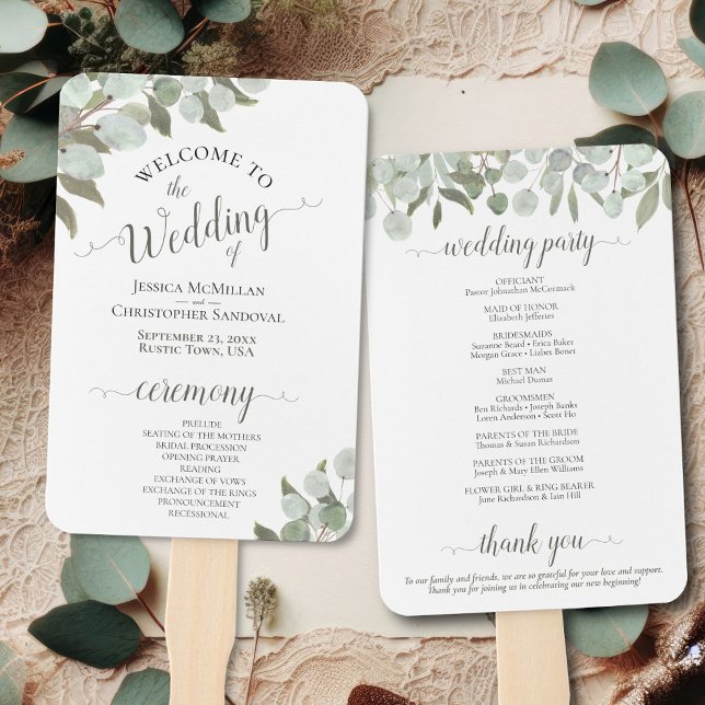 Éventail Programme de mariage Eucalyptus Boho Rustic Waterc (Front/Back)