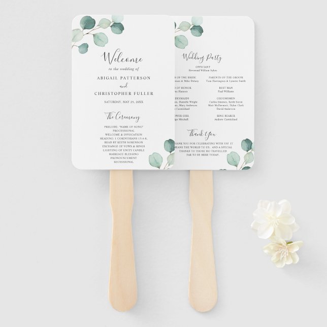 Éventail Programme de mariage Eucalyptus simple et élégant (Devant et derrière)