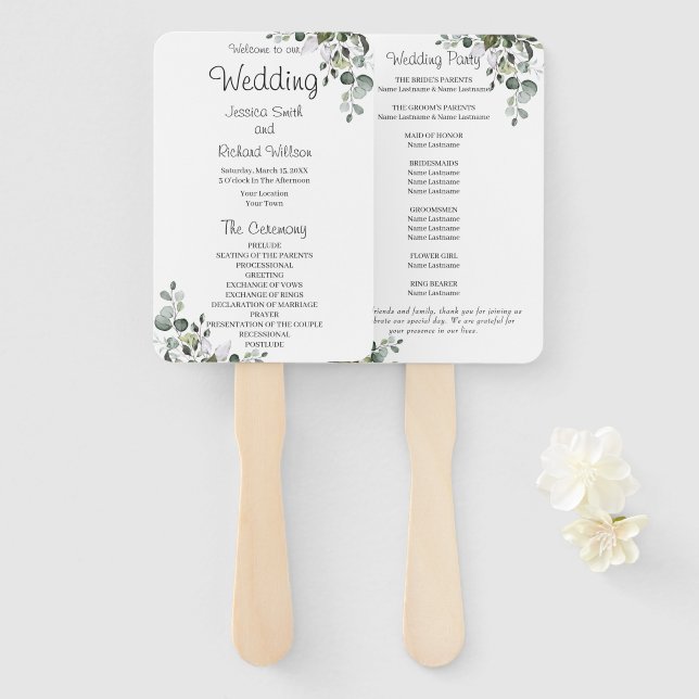 Éventail Programme de mariage Eucalyptus Ventilateur manuel (Devant et derrière)